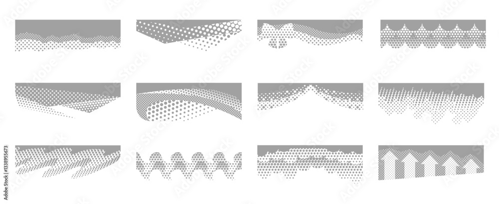 Poster halftone covers. document header layered divider with abstract dotted pattern layers, page separator