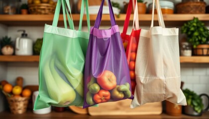 Grocery shopping bags filled with fresh produce kitchen photography indoor close-up healthy eating