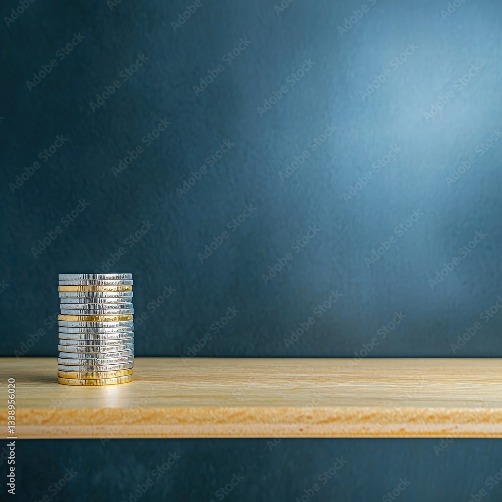 Poster a stack of coins positioned on a table surface reflecting light and showcasing various values