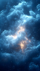 Fototapeta premium Glowing light piercing through dark, dense clouds at night, with falling particles