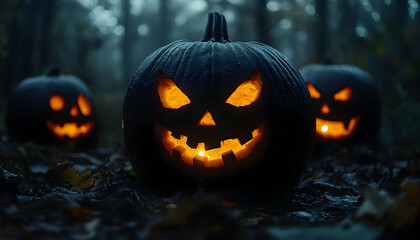 Fototapeta premium Glowing jack-o'-lanterns in a dark, misty forest