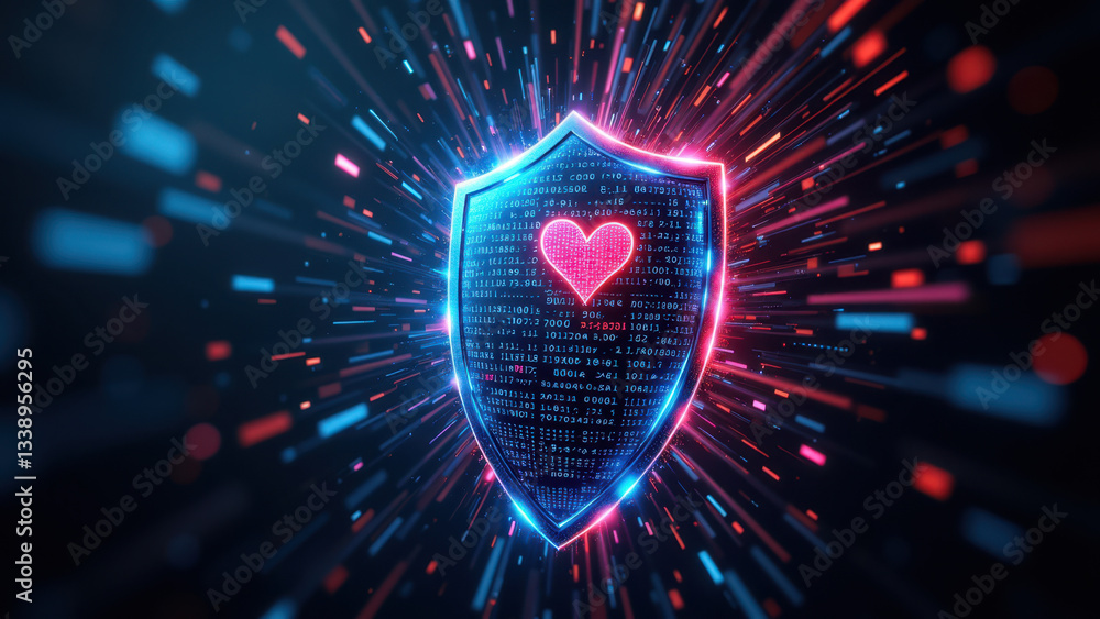 Poster cybersecurity shield with neon-lit heart inside for devops and kubernetes.