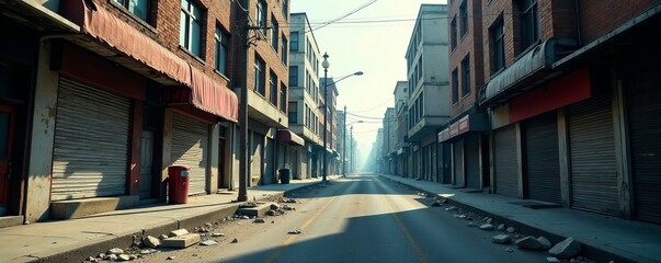 Desolate urban landscape with shuttered shops and deserted streets during economic collapse, recession, disaster