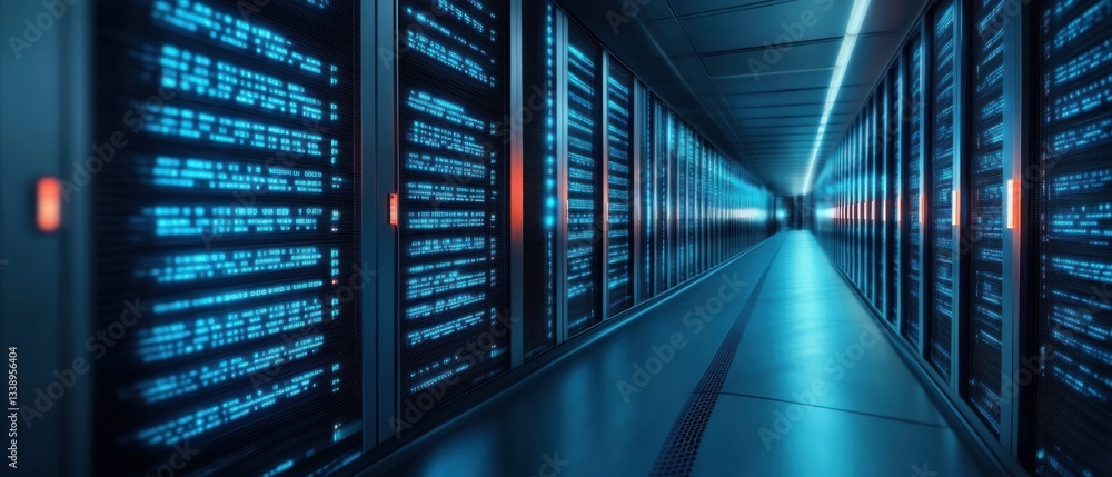 Poster high-tech server room with glowing blue lights and data files in a modern data center environment