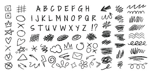 Charcoal doodles. Crayon font, scribble squiggles, sketch check marks and scrawl arrows. Freehand alphabet letters with grunge texture, hand drawn scribbles and scrawl elements vector set.