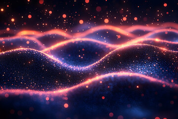 Obraz premium Glowing particles form undulating waves of blue and orange in a dark space