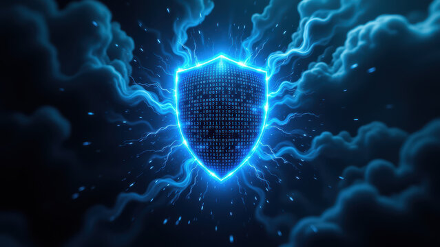 A vibrant Kubernetes security shield with a pulsating blue glow and dynamic smoke effects.