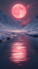 Crimson Moonlit Serenity: A mesmerizing landscape of majestic snow-capped mountains and a calm, reflective river, bathed in the warm, ethereal glow of a large, crimson moon.