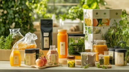 A variety of food and drink products are displayed on a table. The products are all packaged in eco-friendly materials.