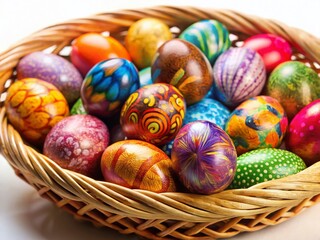 Fototapeta premium Macro Close-up of Colorful Easter Eggs in Woven Basket