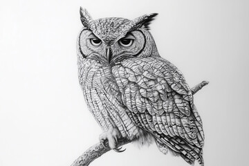 Naklejka premium a black and white photo of an owl sitting on a branch with a white background