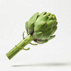 Green artichoke levitating on white background. Fresh and appetizing, ideal for culinary projects and healthy food advertising. For balanced diet and natural lifestyle.