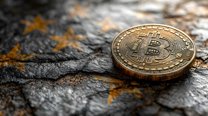 Gold Bitcoin on textured surface resembling European flag