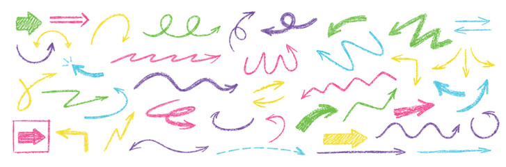 Crayon doodle arrows. Chalk textured pointer, hand drawn squiggle, curly, wavy and zigzag arrow lines. Swirl cursor, dashed guide line and sketch direction pointers vector set.
