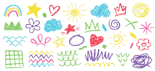 Kids crayon drawings. Hand drawn scrawls, chalk sun doodle, rainbow sketch, scribble star shape, scrawl heart and pastel cloud drawing. Simple child art vector set.