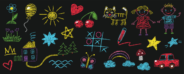 Kids crayon doodle drawings. Hand drawn flower, chalk textured sun, rainbow and cloud, scribble house sketch, pastel car and cat kids art. Chalkboard drawing vector set.