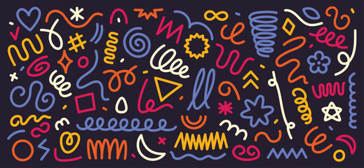 Abstract colorful line doodle shapes. Hand drawn scribbles, curvy and wavy lines, squiggles, swirls and spirals. Geometric strokes with rounded edges vector elements set.