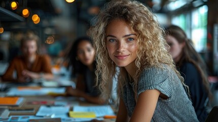 Fototapeta premium Confident young woman smiling at camera, surrounded by colleagues in a workspace.