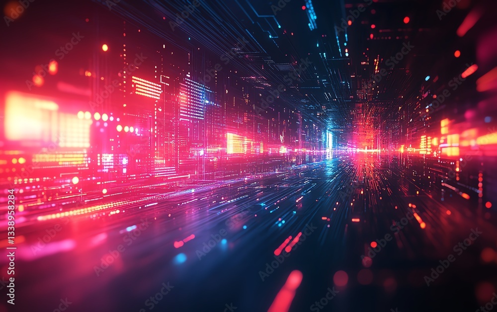 Poster colorful abstract digital art with led light patterns, futuristic design, and glowing elements, perf