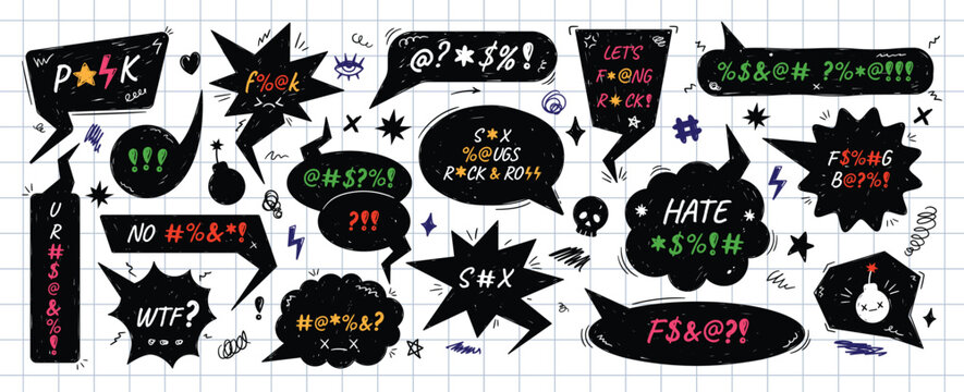 Punk rock speech bubble frames. Grawlix censored swearwords text balloons, hand drawn comic swear word bubbles with cartoon swearing effect, anger symbols and doodle squiggles. Vector elements set.