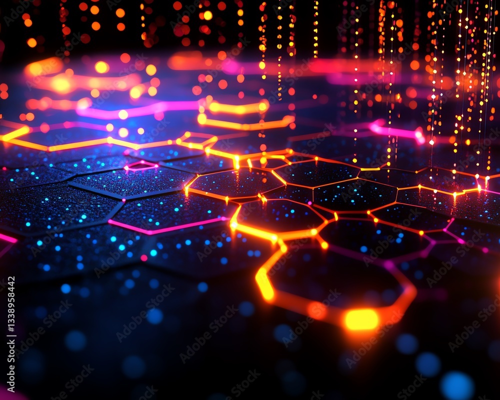 Aufkleber digital network connection illustration on a black background, showcasing futuristic hexagon perspec