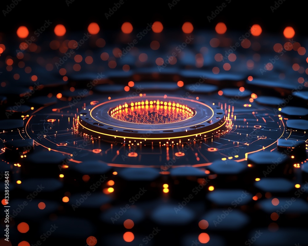 Poster Digital network connection illustration on a black background, showcasing futuristic hexagon perspective and big data landscape in 3D