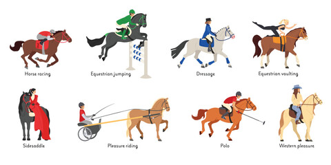 Fototapeta premium Cartoon equestrian disciplines. Horse racing sport, racehorse with jockey jumping, dressage and vaulting. Sidesaddle, pleasure riding and polo game. Horses with riders vector illustration set.