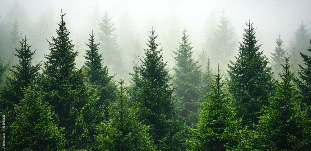 Poster misty forest panorama with tall green pine trees creating a mysterious atmosphere