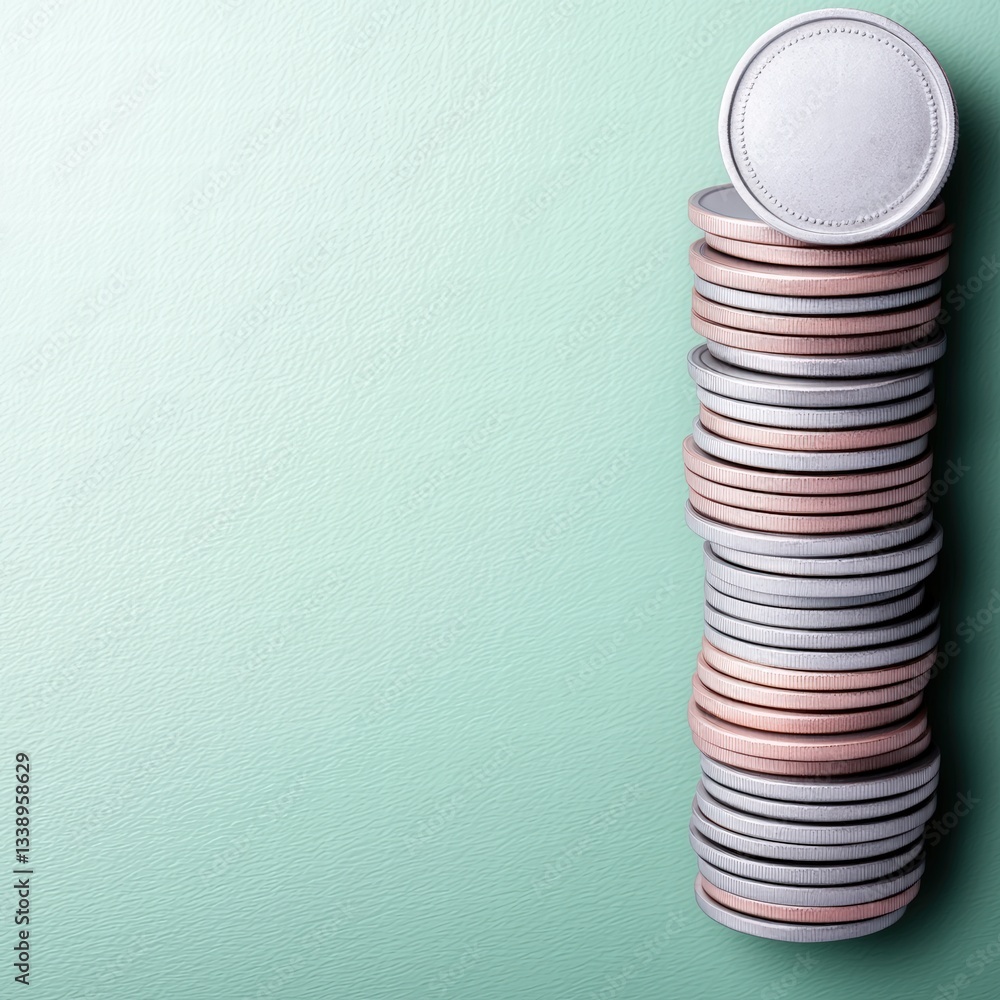 Poster a carefully piled stack of shiny coins reflecting light and representing wealth and financial securi