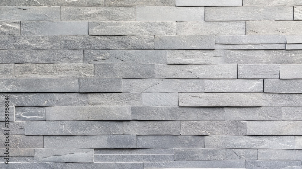 Poster a textured wall made of rectangular stone tiles in varying shades of gray, creating a modern and ele