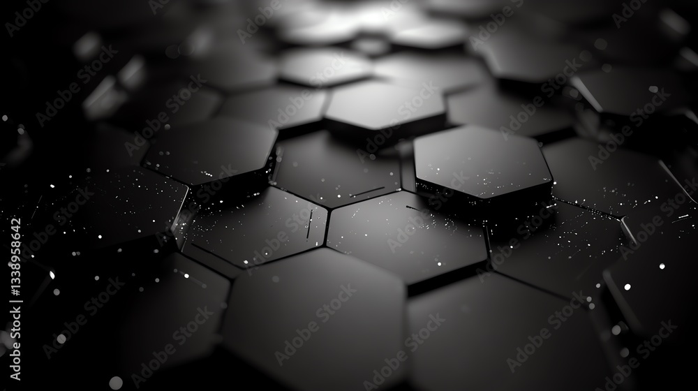 Leinwandbilder Futuristic 3D hexagonal honeycomb landscape on a black background, network connection concept with big data elements and wideangle perspective
