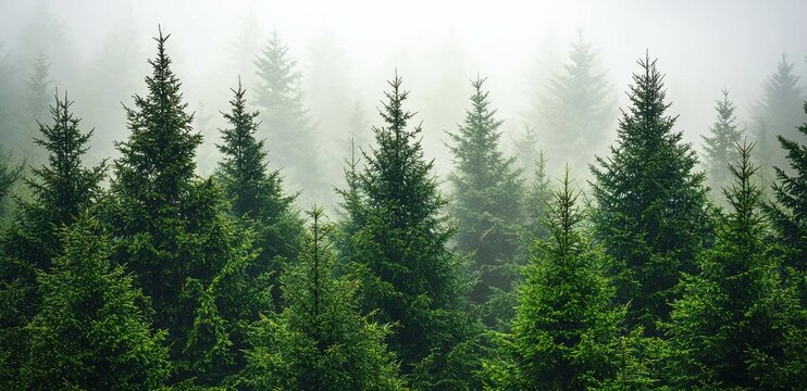 Misty forest panorama with tall green pine trees creating a mysterious atmosphere