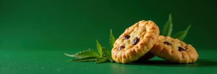 Fototapeta premium Cannabis cookies with marijuana leaves resting on vibrant green background with ample copy space