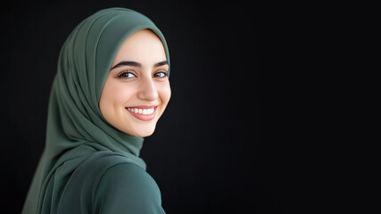 A woman wearing traditional green abaya and hijab isolated on black background