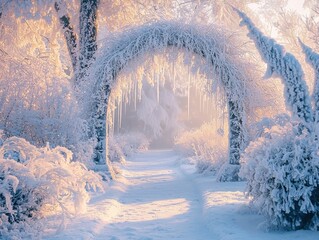 Snowy winter wonderland scene. Path through a wintry landscape, arch covered in frost and ice. Icicles hang from snowy branches.