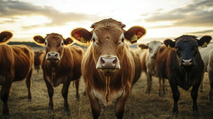 Cows standing in field during sunset, showcasing their calm demeanor and natural beauty. warm light enhances serene atmosphere of rural landscape