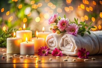 Luxurious Spa Relaxation: Candles, Flowers, Towels, High Depth of Field