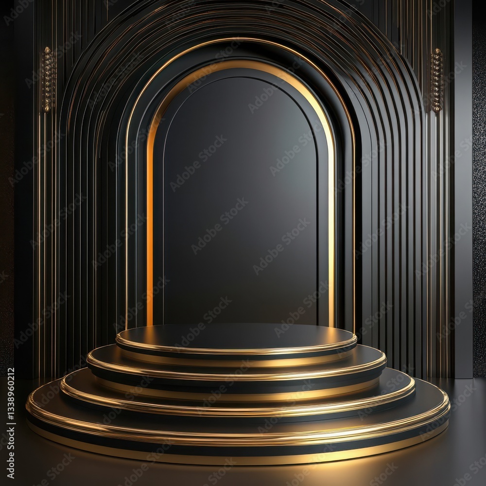 Poster elegant black and gold three tiered round podium with archway background for product display or pres