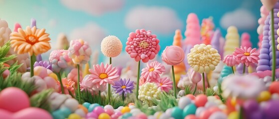 A vibrant display of colorful flowers in a whimsical candy-like landscape.