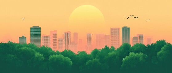 A vibrant sunset over a city skyline surrounded by lush greenery and serene atmosphere.
