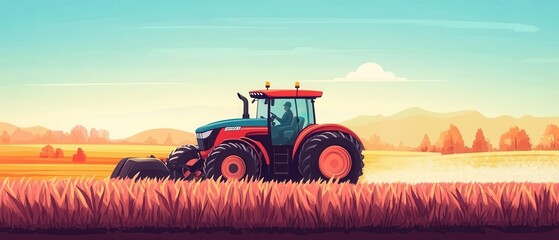 A vibrant tractor working the field under a colorful sky, symbolizing modern agriculture.