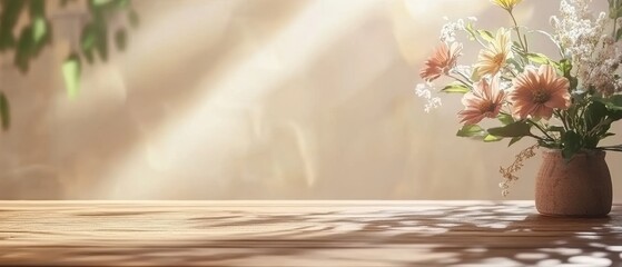 Beautiful bouquet of flowers in a vase on a wooden table, illuminated by soft natural light.