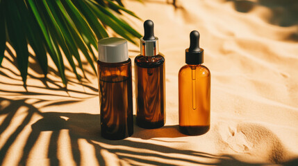 Fototapeta premium Natural skincare oils in amber bottles on sandy beach with palm leaves