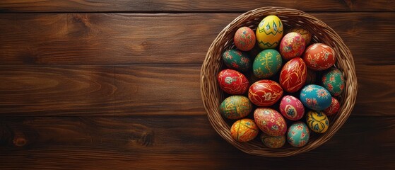 Colorful Easter eggs arranged in a rustic wooden basket on a table.