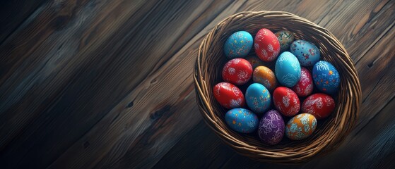 Colorful decorative eggs in a woven basket on a rustic wooden surface.