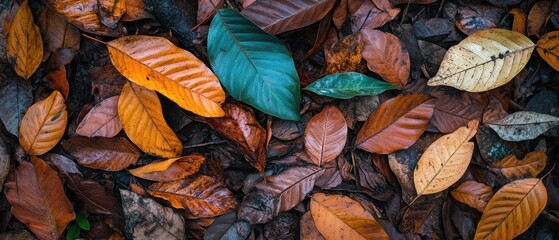 Colorful autumn leaves scattered on the ground create a vibrant natural mosaic.