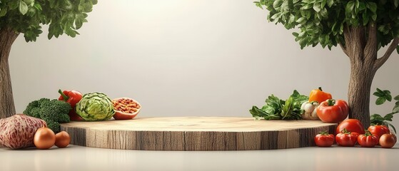 Fresh vegetables arranged on a wooden table with greenery in the background.