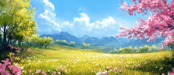 Vibrant meadow landscape with colorful flowers, trees, and stunning blue skies.