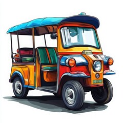 Fototapeta premium Colorful Three Wheeled Tuk Tuk Illustration on White