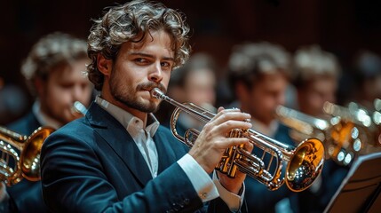 Obraz premium Young man plays trumpet in orchestra.